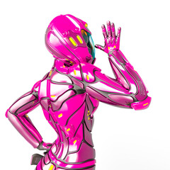 astronaut girl on sci-fi suitis mocking you up side view