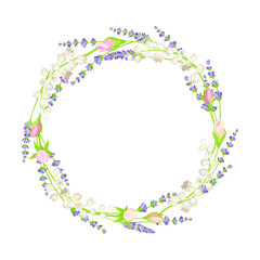 Beautiful Lavender Twigs and Pink Roses Arranged in Circle Wreath Vector Illustration