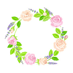 Tender Floral Wreath Arranged from Lavender Twigs and Rose Buds Vector Illustration