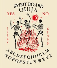 Spirit Board Ouija with Skeletons Dance. Dancing skeletons near the fire. Vector Illustration. - 410452730