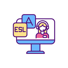 Video tutoring RGB color icon. Innovative way to teach students via internet technology through one to one live video calls. Participate to learn about different topics. Isolated vector illustration