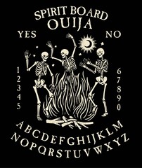 Spirit Board Ouija with Skeletons Dance. Dancing skeletons near the fire. Vector Illustration. - 410452767