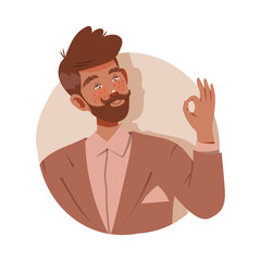 Obraz premium Moustached Man Looking Out of Circle Window Showing Hand Gesture Vector Illustration