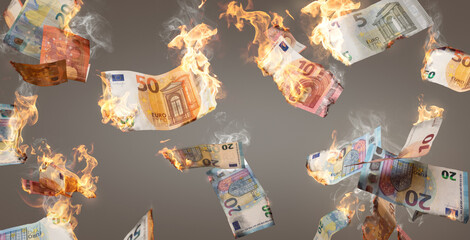 Burning Euro banknotes falling down - obrazy, fototapety, plakaty
