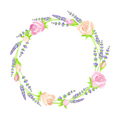 Tender Floral Wreath Arranged from Lavender Twigs and Rose Buds Vector Illustration