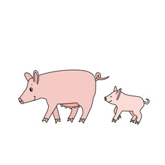 Pink mother sow and a piglet are walking somewhere, side view. Farm animals are smiling, child closed his eyes from the pleasure. Characters are isolated on white background.