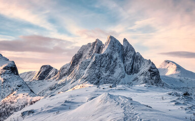 Scenery of Majestic snow mountain with footprint on Segla hill in the morning at Senja Island - Powered by Adobe