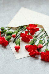 Rote Nelken Blüten in einem cremefarbenen Briefumschlag aus strukturiertem Naturpapier - schräge Ansicht