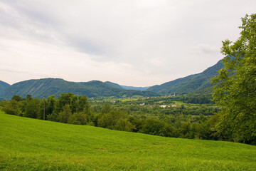 Fototapeta na wymiar The summer landscape near the village of Zatolmin in Tolmin municipality, Primorska, Slovenia. Part of the Triglav National Park 