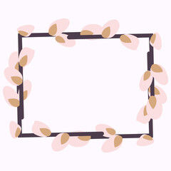  Rectangular Easter frame with willow twigs.Vector flat illustration isolated on a white background. Design for invitations, postcards, printing.