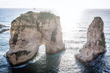 Famous Pigeon Rock also called Raouche Rock in Beirut city, Lebanon