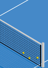 Illustration of blue paddle court and paddle balls around on a sunny day. With copy space.