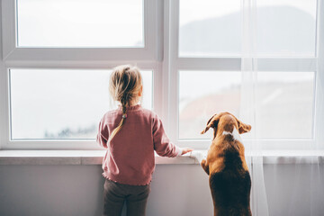 Dog and baby girl staring out a large window.