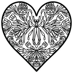 heart with flowers in folk style with insect drawn on a white background, vector, valentines day