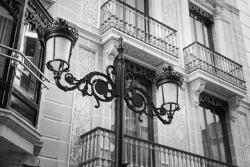 Beautiful historical streetlamp. Monochrome photography (black and white). Castellón de la Plana, Valencian Community, Spain