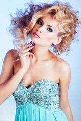 beauty blond woman with curly hair close up isolated, fashion makeup and style