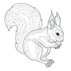 Squirrel with acorn.Coloring book antistress  for children and adults. Illustration isolated on white background. Zen-tangle style. Black and white drawing. Hand drawn