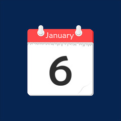 January 6. Vector flat daily calendar icon. Date and time, day, month. Holiday.