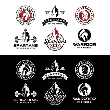 Set of Spartan Fitness And Gym Logo Vector . Fitness Logo . Bodybuilding Logo design inspiration, sports logo template with spartan warriors.
