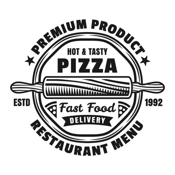 Pizzeria vector emblem, logo, badge or label with round pizza in vintage monochrome style isolated on white background. Fast food delivery logotype template