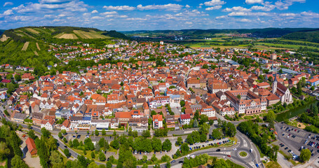 Aerial view of the city Hammelburg in Germany, Bavaria on a sunny spring day	
