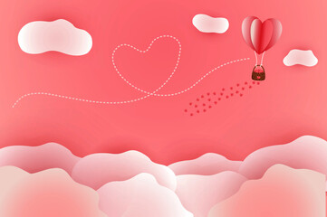 Paper art and digital craft style. Valentine day,Origami made hot air balloon flying on the sky with heart float on the sky.