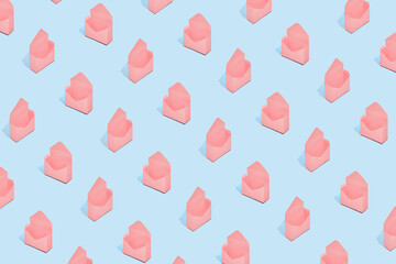 Pink gift on blue background. Minimal holiday pattern with mail box. Creative trendy layout with open present paper box