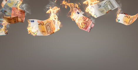 Burning Euro banknotes falling down