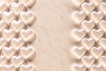 Beautiful 3d hearts background with vertical copy space in the center. Set sail champagne 2021 trending color inspiration. 3d render illustration.