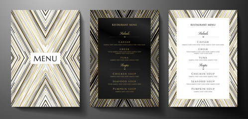 PrintDesign restaurant menu template with gold, black, silver glitch lines on black background. Luxury frame pattern (stripe border). Elegant cover useful for Creative Cafe Menu