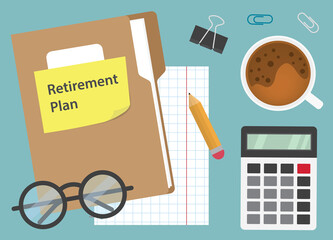 retirement plan written on yellow sticky note, planning retire concept- vector illustration