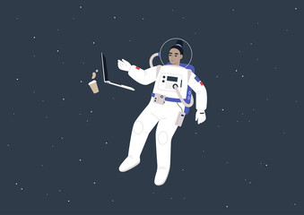 Young female Asian astronaut in a spacesuit working on their laptop in outer space, a futuristic life concept