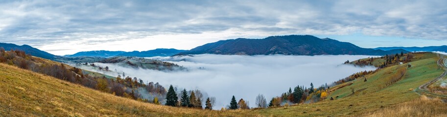 Colorful forests in the warm Carpathian mountains covered with thick gray fog