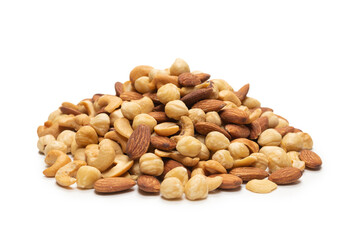 Mix of nuts isolated on white background. Top view.