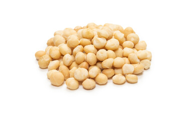 Macadamia nuts isolated on white background.