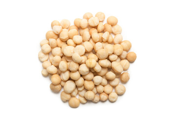 Macadamia nuts isolated on white background.