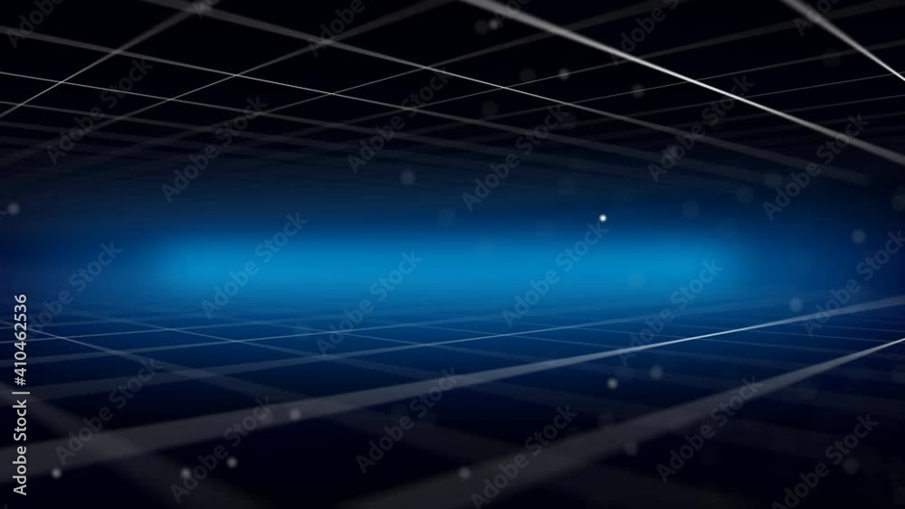 Poster a wonderful 3d rendering of a cyberspace network and flying dots put on a grid from squares in the d