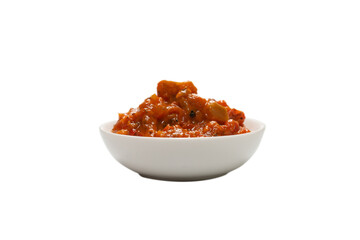 Vegetable stew in a bowl isolated on white background.