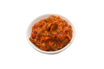 Vegetable stew in a bowl isolated on white background.