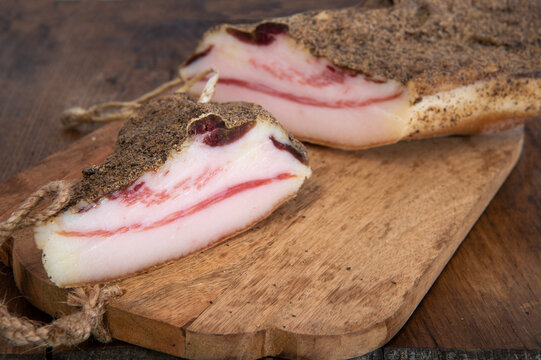bacon called guanciale ingredient for pasta alla amatriciana and carbonara and gricia in Italian e roman food