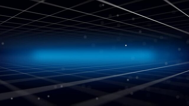A wonderful 3d rendering of a cyberspace network and flying dots put on a grid from squares in the dark blue background placed aslant. Shallow depth of field. Seamless loop.