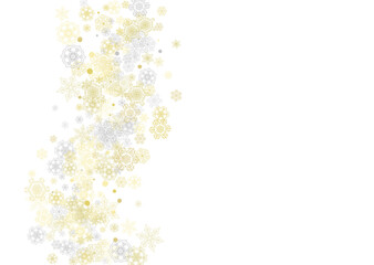 Gold snowflakes frame on white background. New year theme. Horizontal shiny Christmas frame for holiday banner, card, sale, special offer. Falling snow with gold snowflake and glitter for party invite