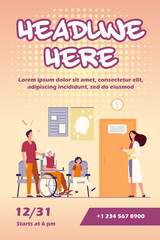 Patients in hospital waiting in line flat vector illustration