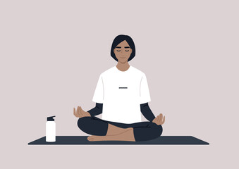 Young calm female character meditating in a lotus yoga pose, mindful lifestyle concept