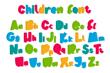 Children font in the cartoon style. Colorful typography. Vector alphabet.
