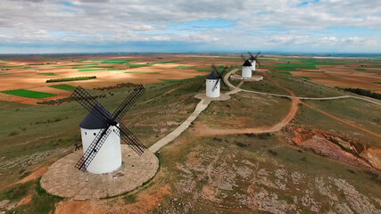 Landscape of old white mills typical of Spain. Consuegra, Toledo. Castilla la Mancha