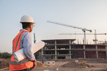 Asian engineer working at site of a large building project,Thailand people,Work overtime at...