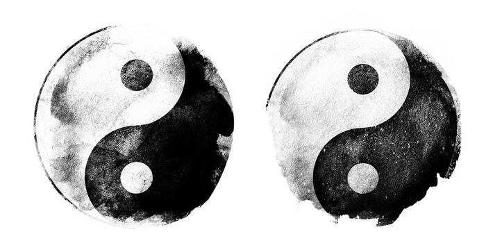 Watercolor sigh of In and yang on white. Set