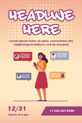 Young woman chatting with friends via smartphone