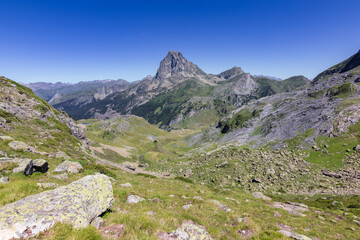 View of Ayous lakes and Midi d'Ossau mountain in the Pyrenees (France)